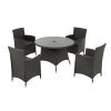 5 Piece Outdoor Dining Set All-Weather Wicker Patio Dining Table and Chairs with Cushions, Round Tempered Glass Tabletop with Umbrella Cutout for Pati